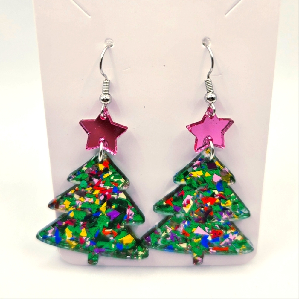 New Christmas Tree Acrylic Earrings Pink Stars Multi-Color Confetti Foil Dangle